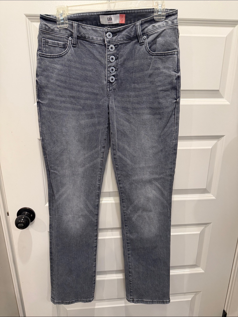 CAbi High-Rise Button-Fly Jeans in Gray Wash